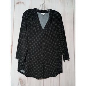 Charter Club Shirt Ladies Large Black White Polka Dot 3/4 Sleeve‎ VNeck
